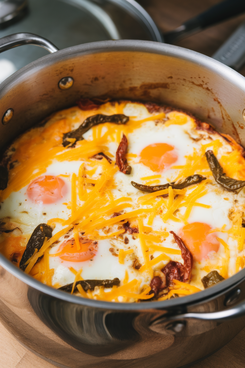 Indoor photo of a breakfast casserole layered with eggs, cheese, and green chilies, slightly browned on top inside the pot. No text or logos.