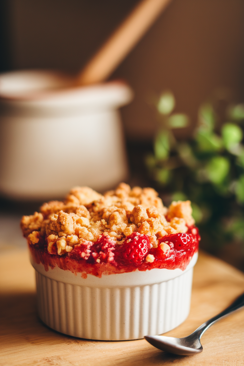 Indoor photo of a ramekin holding bubbling strawberry jam topped with a buttery crumble and a small spoon leaned against it. No text or logos.