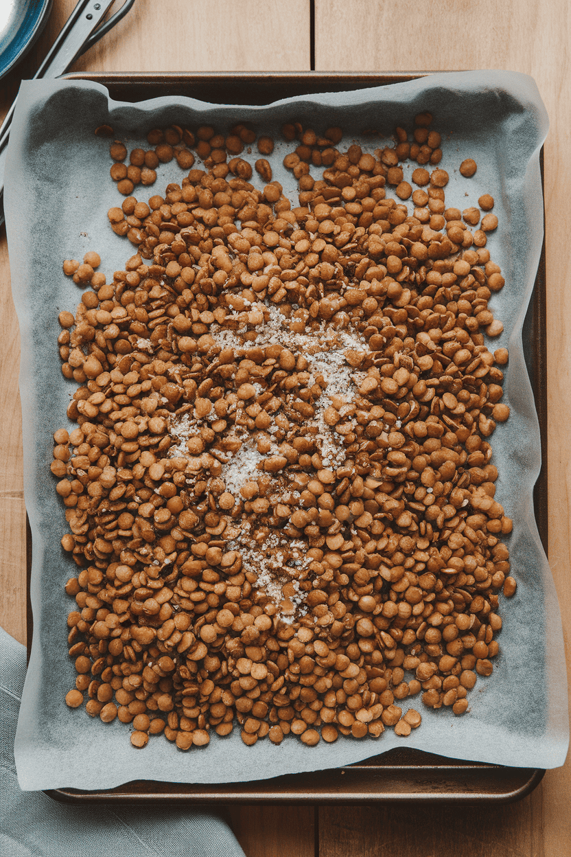 An indoor tray lined with parchment paper holding crunchy roasted lentils seasoned with sea salt and garlic powder. No text or logos. Photo only.