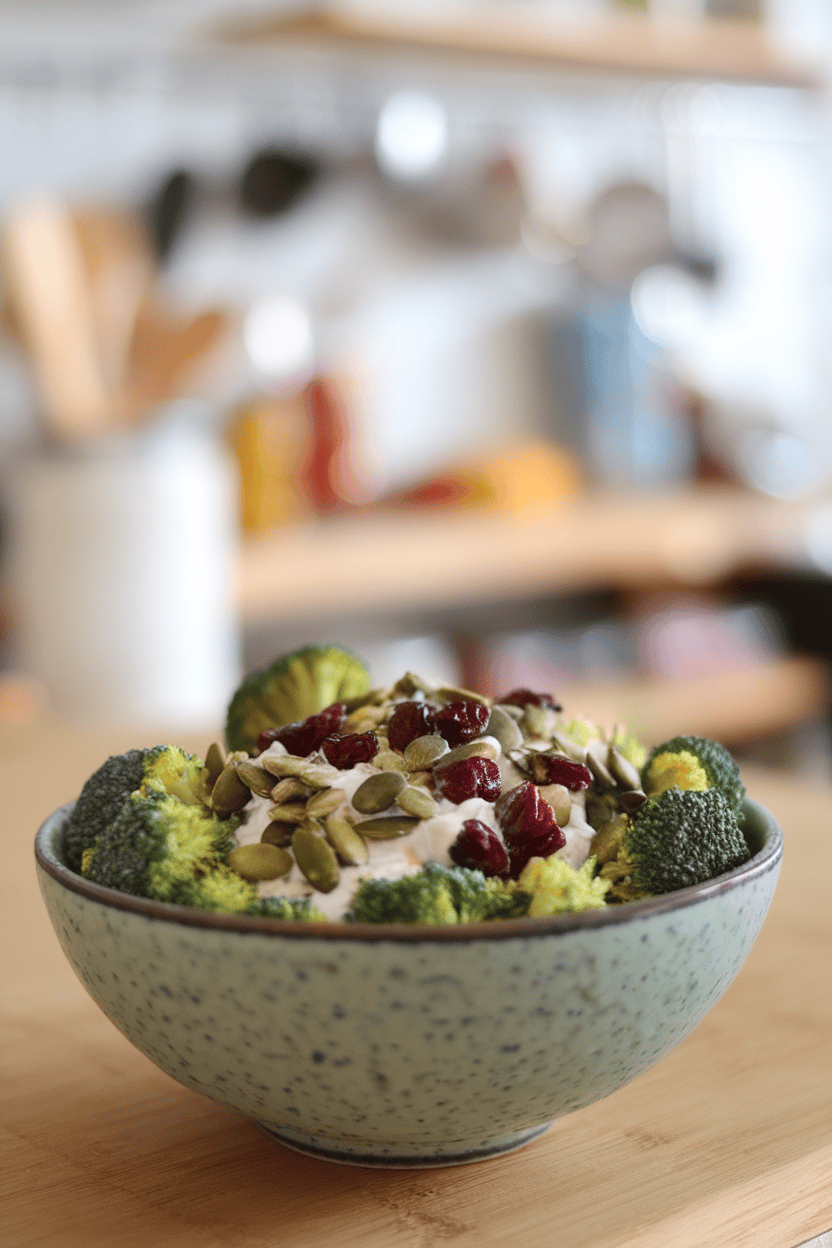 Indoor bowl showing small broccoli florets, dried cranberries, pumpkin seeds, and a light yogurt dressing. Photo only, no text or logos.