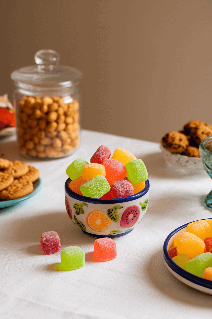 An indoor snack table featuring a small ceramic bowl of assorted fruit-shaped gummies in vivid colors. Even lighting, no text or logos present, photo only.