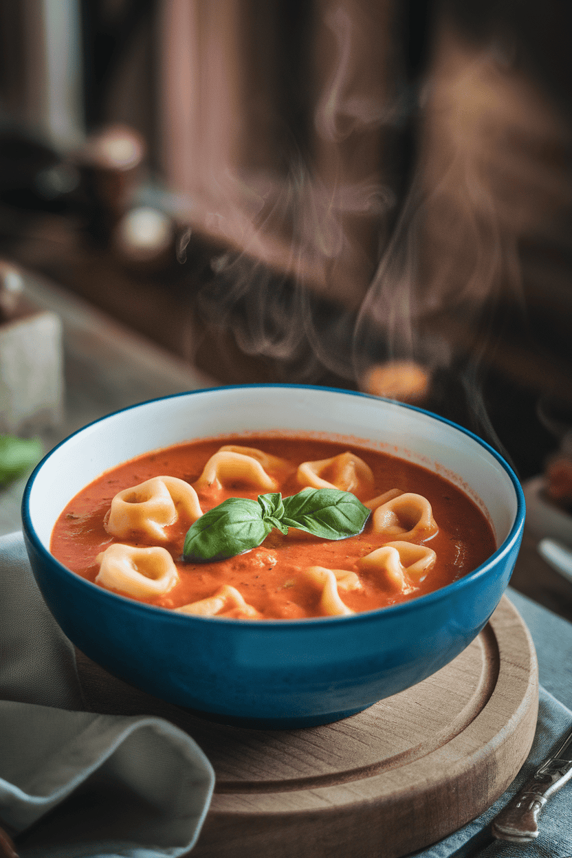 Indoor soup bowl filled with creamy tomato broth and plump cheese tortellini, a basil leaf floating on top, steam rising. No text or logos.