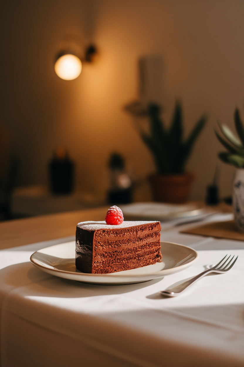 A warmly lit indoor dining table featuring a single slice of dense, glossy flourless chocolate cake topped with a light dusting of powdered sugar and a raspberry. Photo, no text or logos anywhere in scene.
