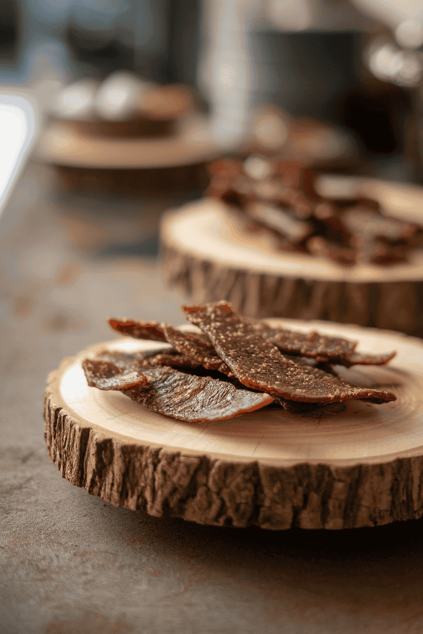 An indoor wooden platter displaying several small pieces of beef jerky with visible savory seasoning, photographed at a close three-quarter angle. No text or logos, photo only.