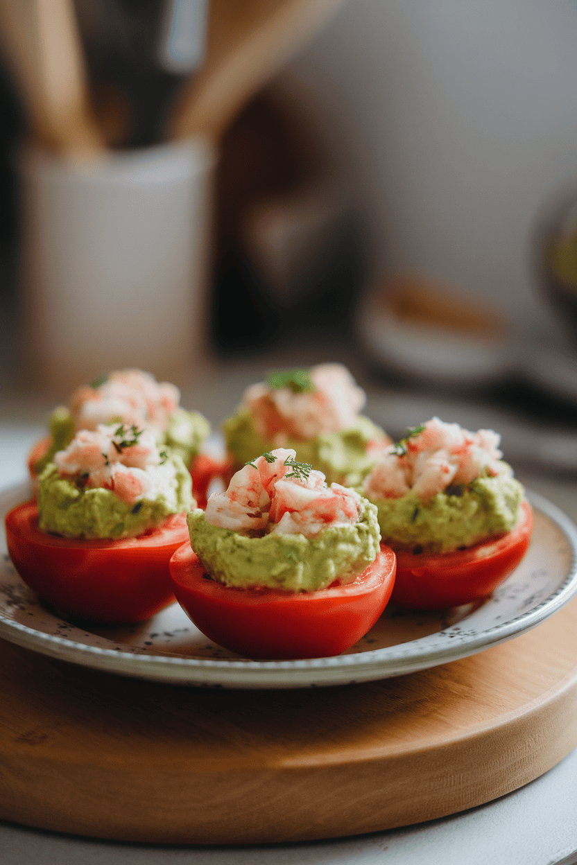 A softly lit indoor plate holding halved tomatoes filled with creamy avocado-crab mixture, herbs sprinkled on top. No logos or text.