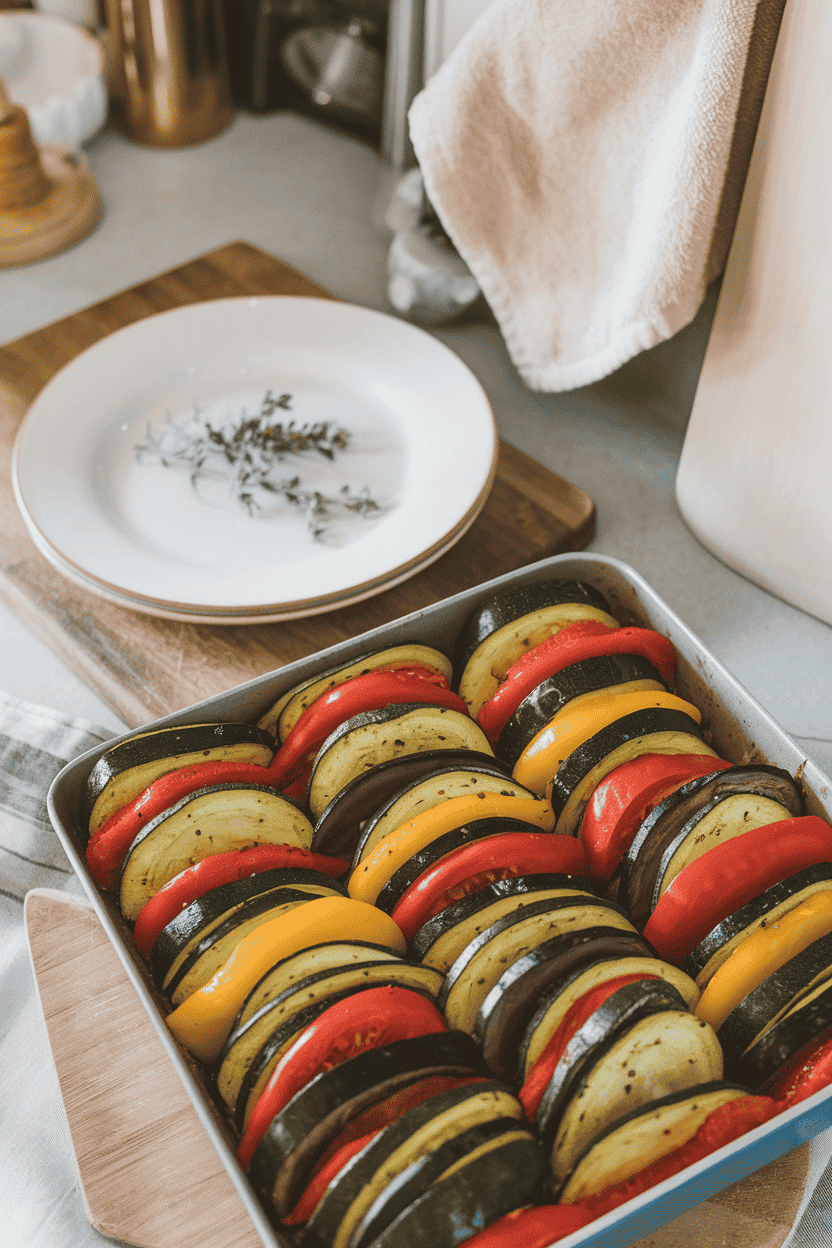 Indoor kitchen counter featuring a colorful casserole of cooked zucchini, bell peppers, eggplant, and tomatoes arranged in overlapping slices. No text or logos.