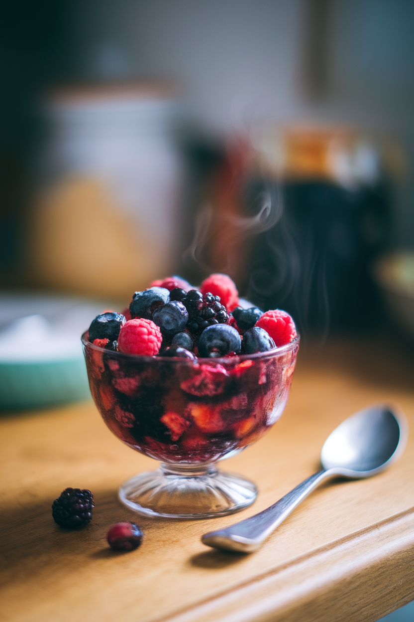 Indoor photo of a small glass bowl filled with brightly colored mixed berry compote, steam rising gently. No text or logos.
