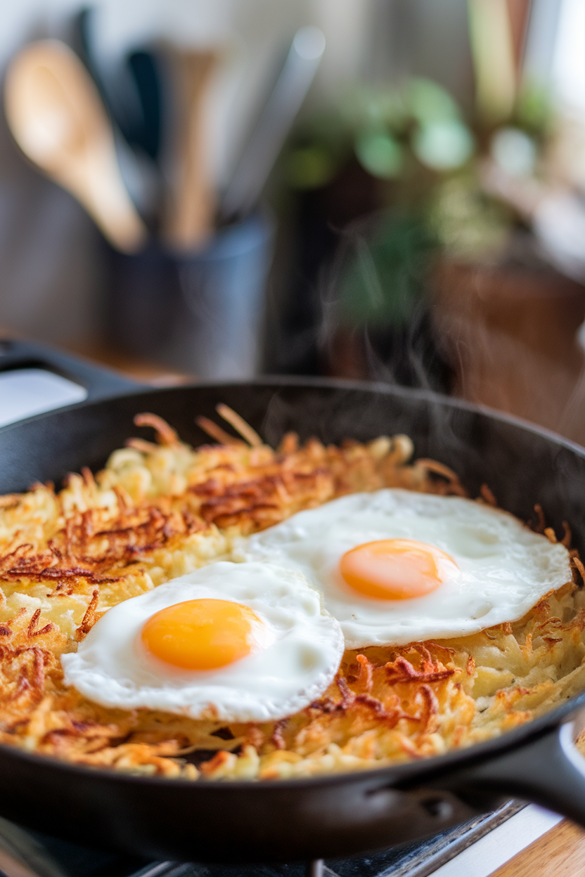 Indoor photo of a skillet featuring crispy hash browns with sunny-side-up eggs nestled on top, steam rising gently. No logos or text present.