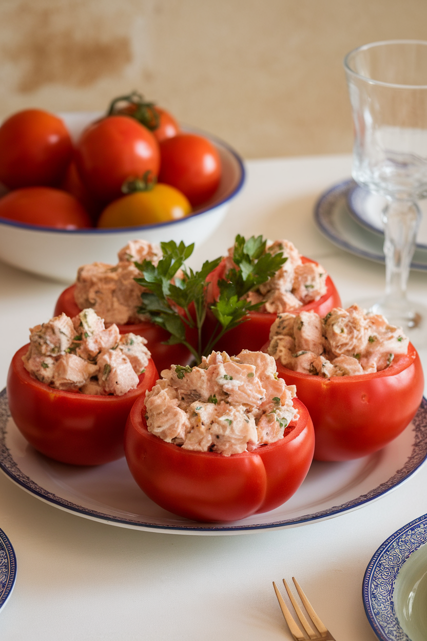 An indoor dining table with hollowed ripe tomatoes generously filled with creamy tuna salad, sprinkled with parsley. No text or logos present.