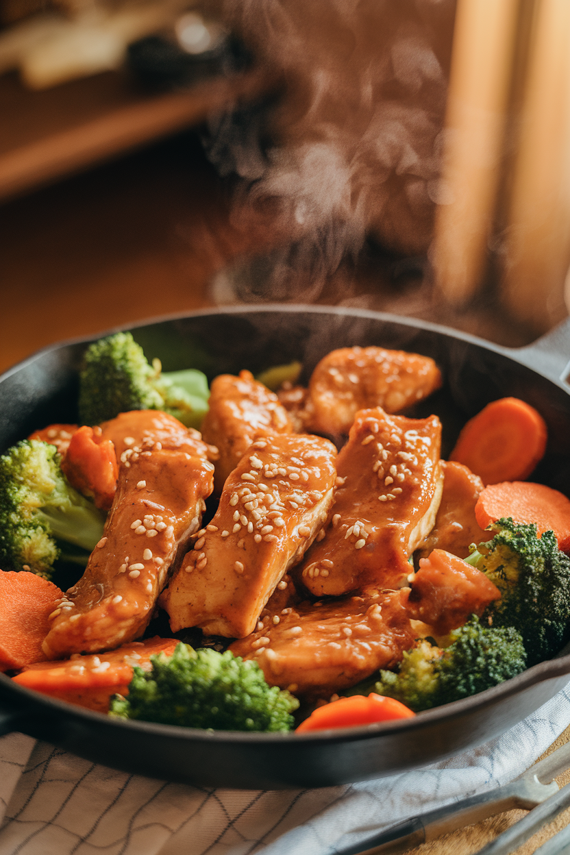 Indoor photo of a skillet filled with glazed chicken strips, broccoli florets, and carrot rounds, steam rising, no text or logos