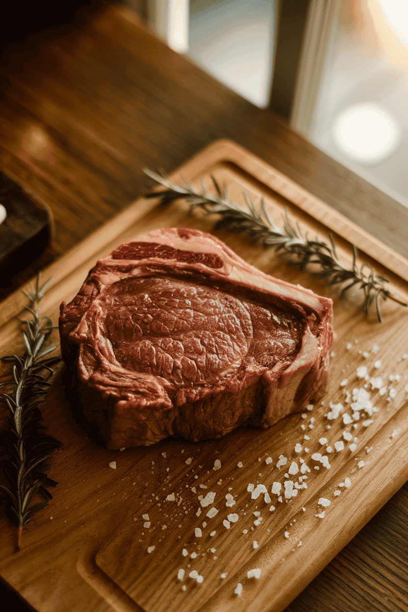 A warmly lit indoor dining table with a medium-rare ribeye steak resting on a wooden board, rosemary sprigs and coarse salt scattered nearby, slight overhead angle. Photo only, no text or logos visible.