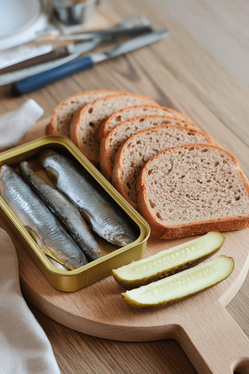 An indoor serving board with canned sardine fillets on one side, slices of toasted whole-grain bread, and a few dill pickle spears; no text or logos; photo only.