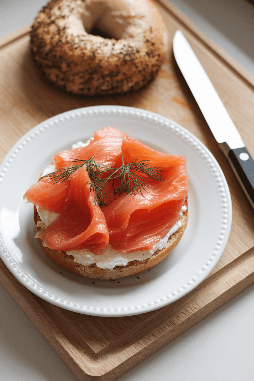 An indoor cutting board displaying a toasted bagel half spread with cream cheese, topped with cooked smoked salmon slices and dill; no text or logos, soft overhead light. Photo, not illustration.