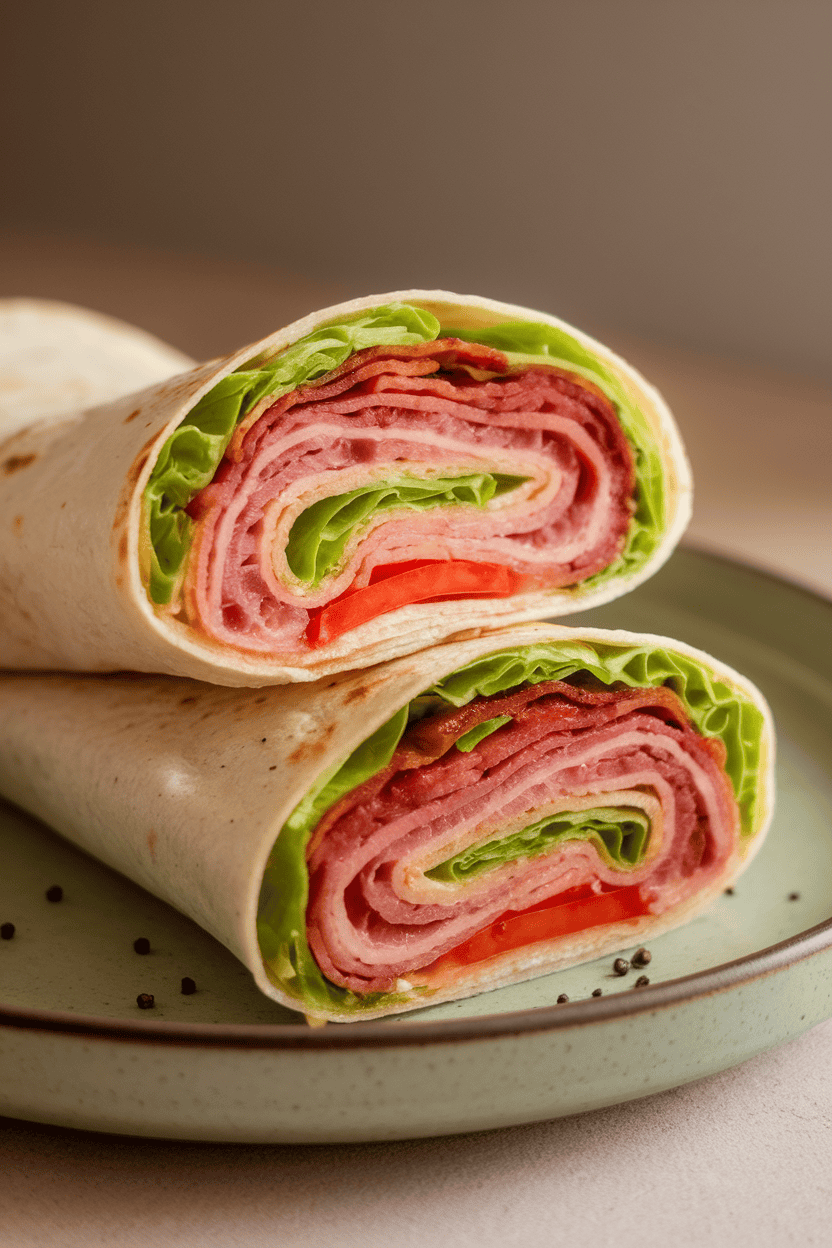 Photo of a tortilla wrap sliced to reveal bacon, lettuce, and tomato layers, set on an indoor plate; no text or logos.