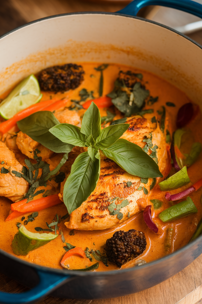 Indoor photo of a vibrant coconut curry with chicken and vegetables in a Dutch oven, garnished with basil. No text or branding.