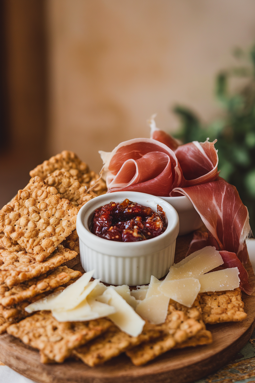 Indoor close-up of crispy whole-grain cracker flats, fig jam ramekin, thin prosciutto ribbons, and shaved parmesan—photo only, no logos.