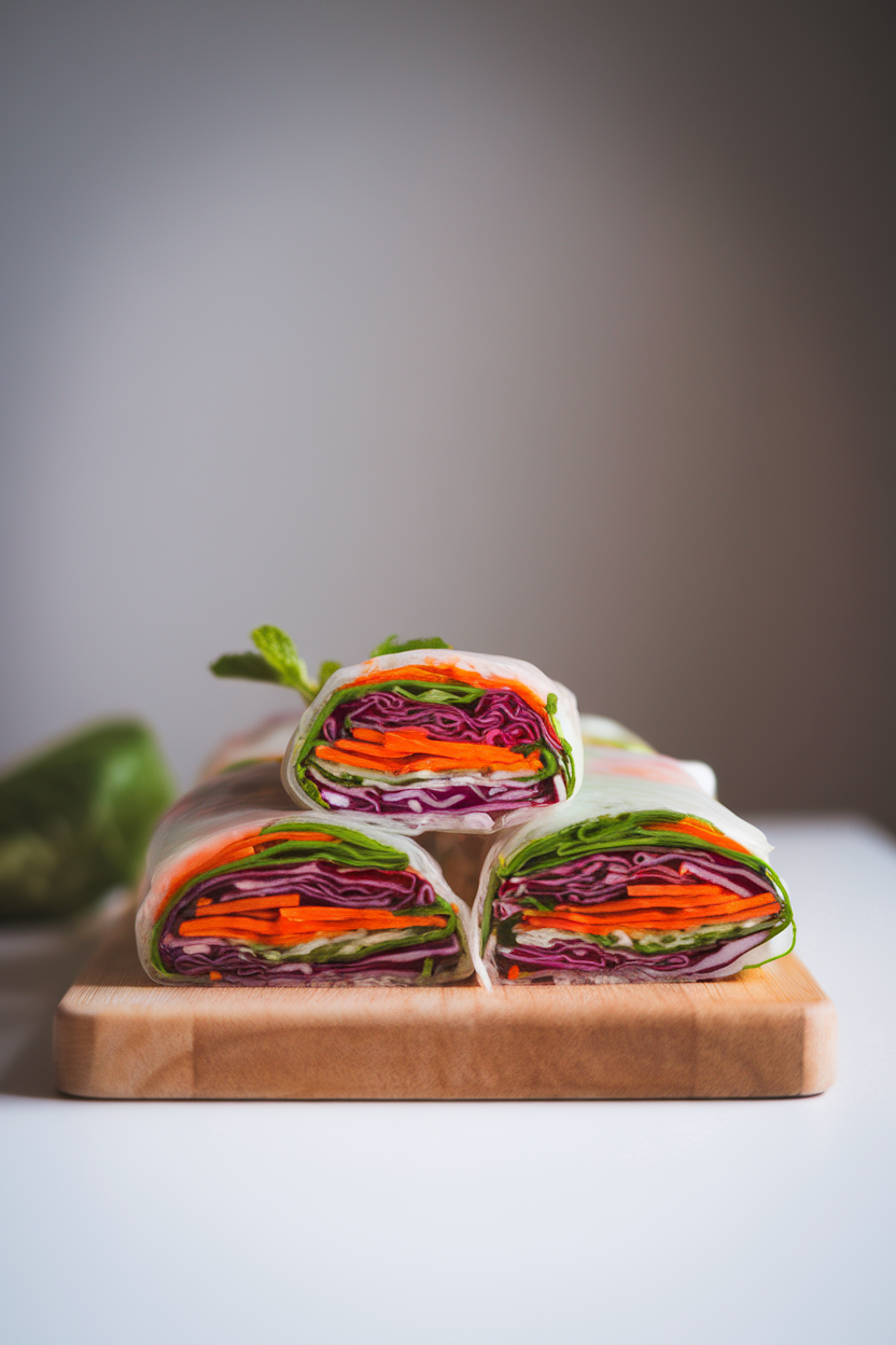 Photo of an indoor cutting board with sliced rice-paper rolls showing colorful layers of bell peppers, carrots, purple cabbage, and mint. Soft diffused lighting; no logos or text.
