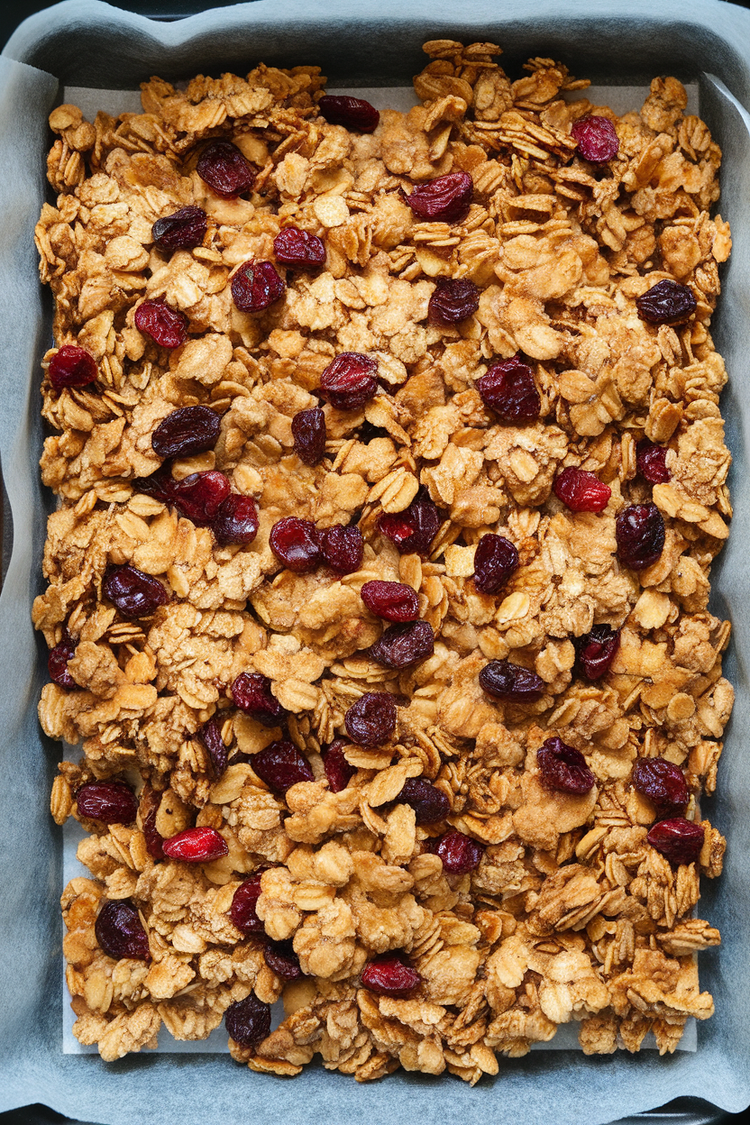 Indoor photo of a baking sheet lined with parchment, scattered with chunky golden granola clusters studded with dried cranberries. No text or logos.