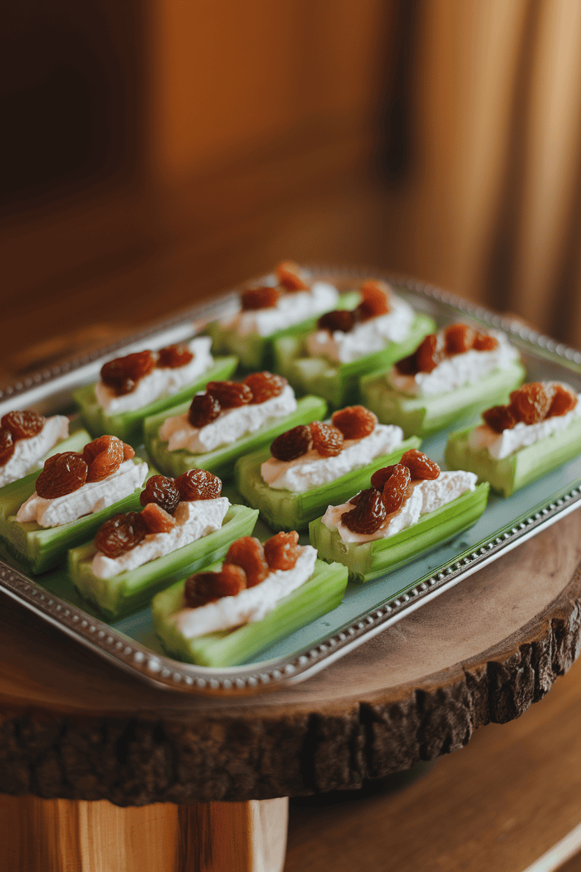 Indoor tray of celery boats filled with cream cheese and dotted with raisins (“ants on a log”). Warm indoor light, no text or logos, photo only.
