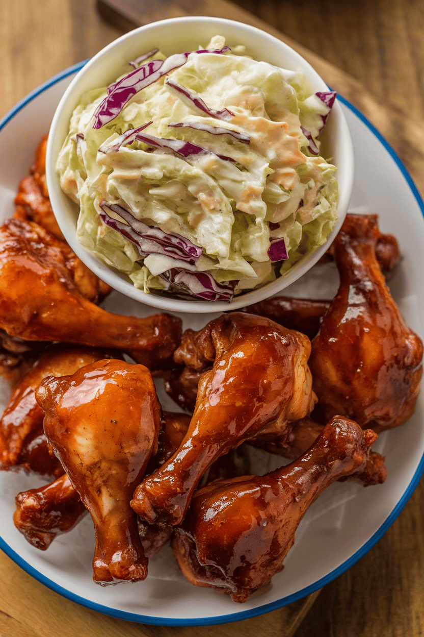 Indoor photo of glazed BBQ chicken drumsticks arranged on a platter next to a bowl of creamy cabbage slaw; no text or logos visible.