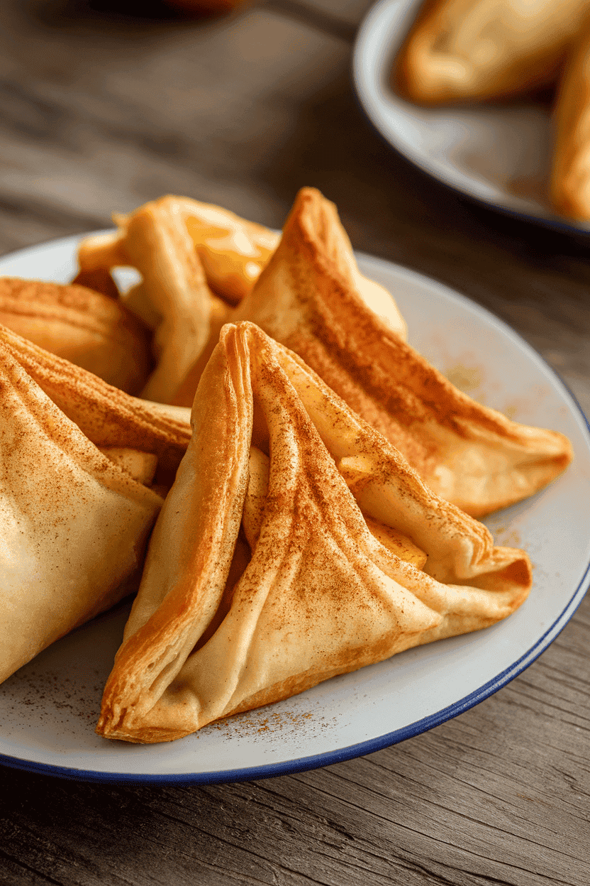 An indoor plate with triangle-shaped toasted pastry pockets oozing spiced apple filling, lightly dusted with cinnamon sugar. No text or logos.