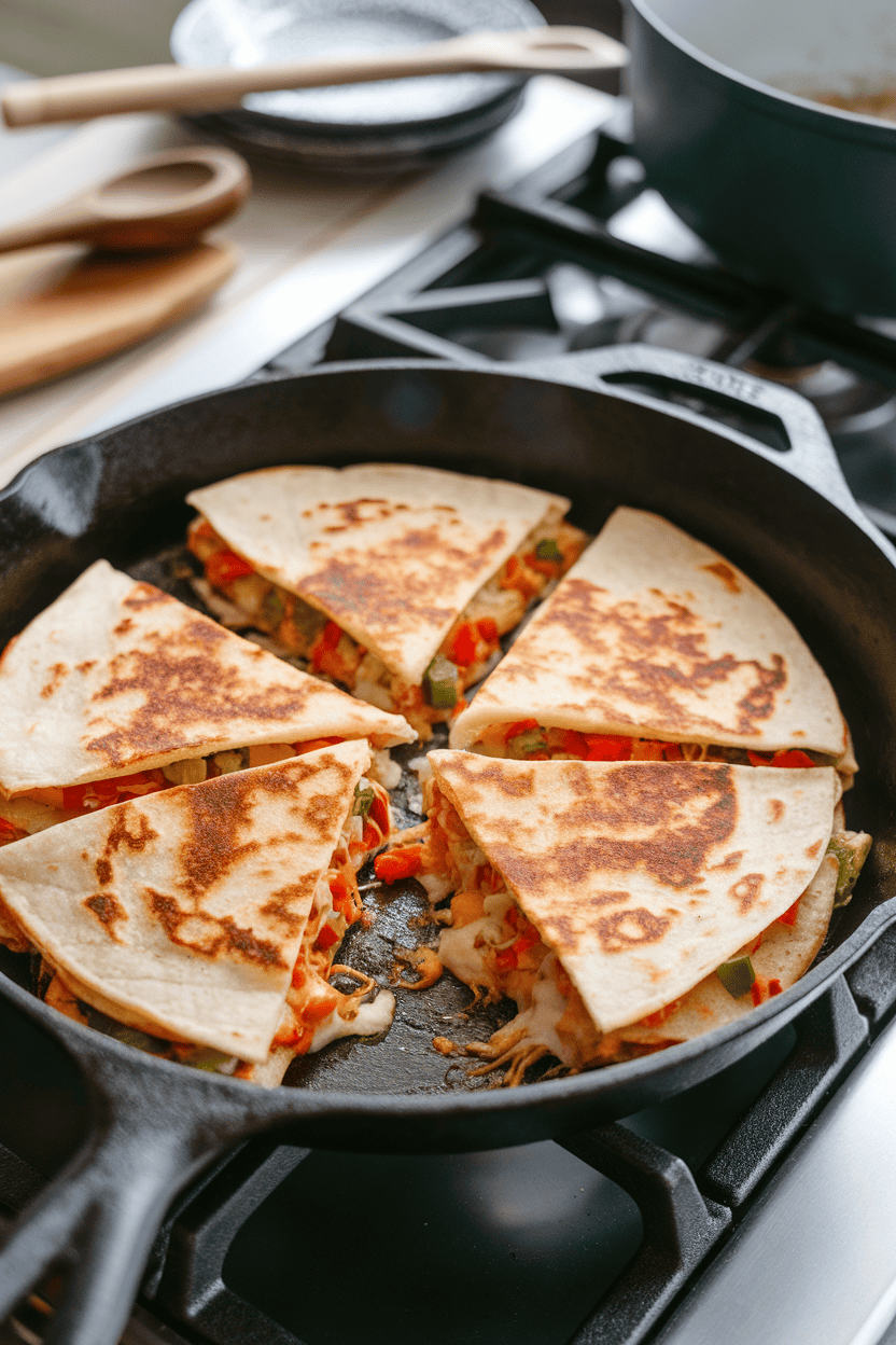 An indoor stovetop view of a cast-iron skillet holding triangular wedges of golden quesadillas oozing cheese and colorful diced vegetables. No brands or logos; photo only.