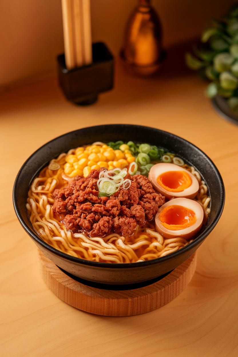 Indoor bowl of ramen noodles in broth topped with seasoned ground beef, corn, sliced scallions, and a soft-boiled egg. No text or logos. Photo, not illustration.