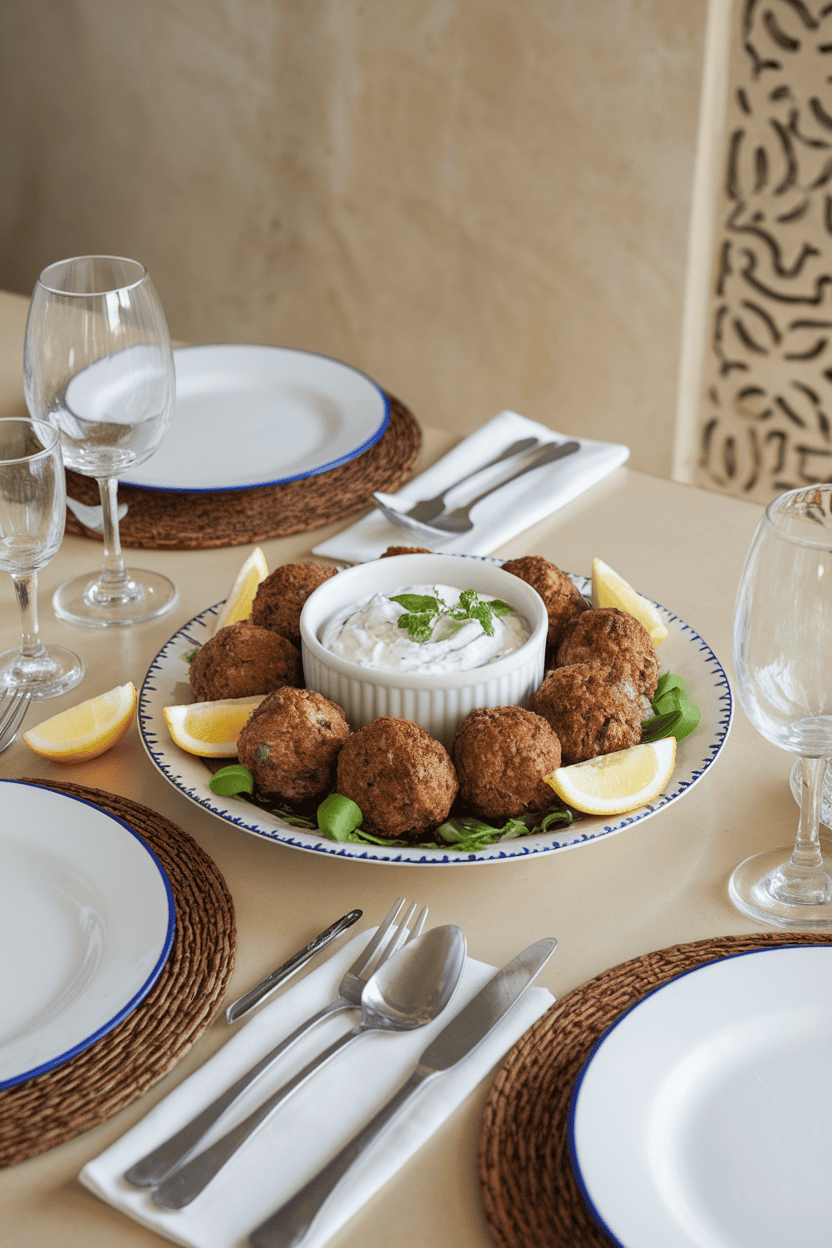 Indoor dining table with a plate of browned lamb meatballs surrounded by tzatziki and lemon wedges; no text or logos present.