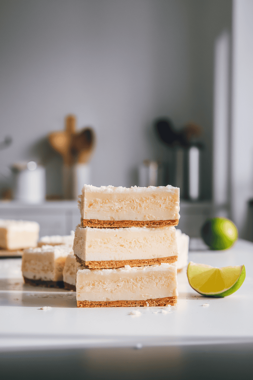 A brightly lit indoor kitchen counter with neatly cut frozen dessert bars showing a pale coconut layer and a graham crust, a lime wedge nearby. No text or logos.