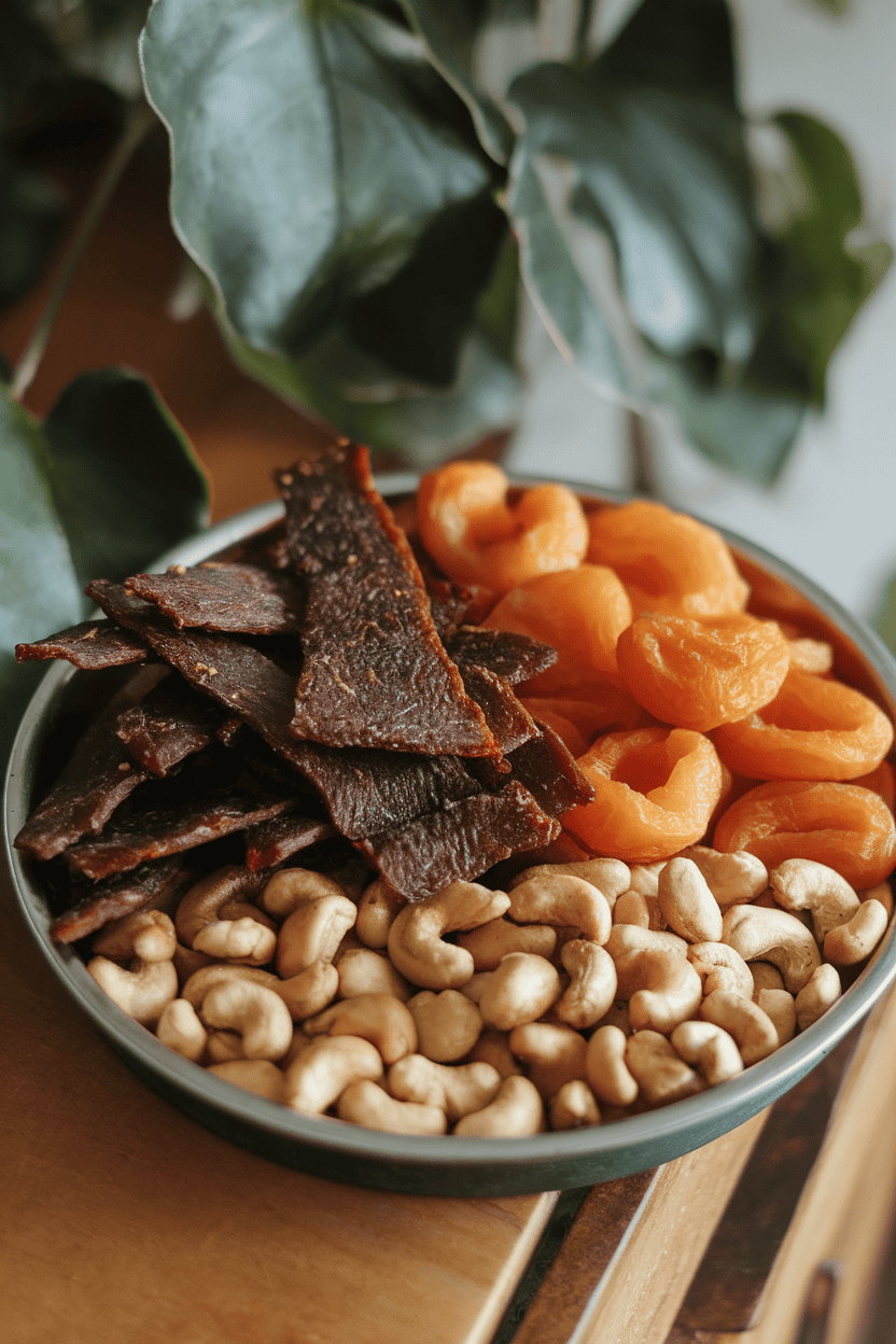 An indoor snack tray with thin teriyaki beef jerky strips, plump dried apricots, and a handful of roasted cashews; no text or logos; photo only.
