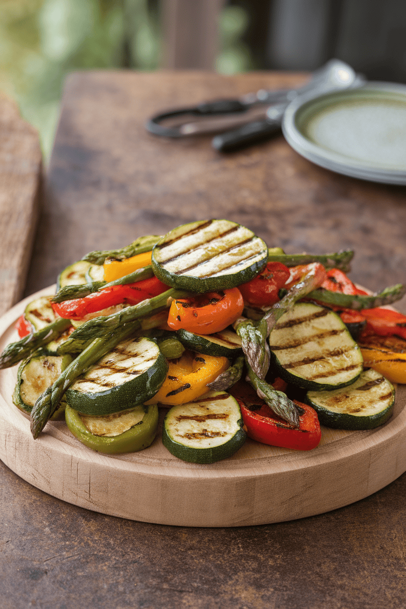 A softly lit indoor serving board piled with cooked zucchini, bell peppers, and asparagus showing grill marks, lightly glossed with olive oil. No text or logos.