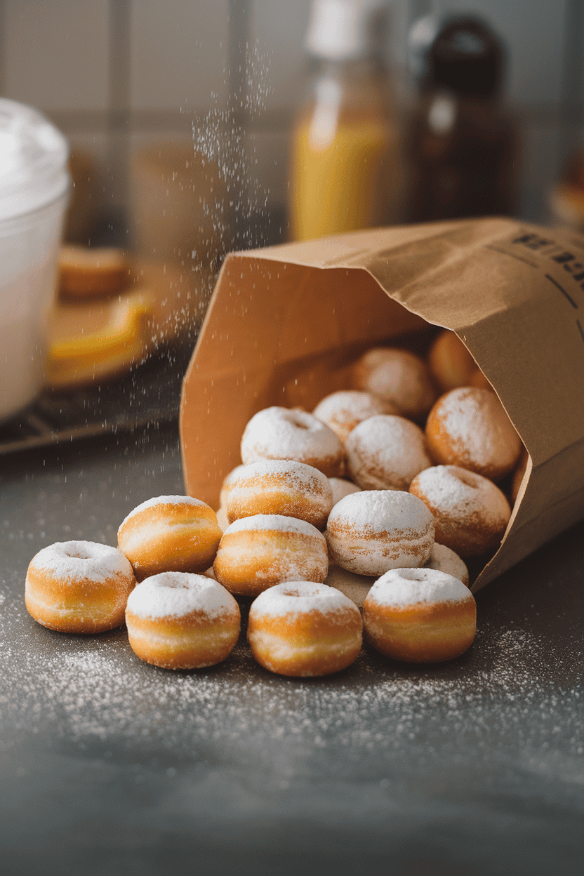 An indoor countertop view of a paper bag spilling bite-sized powdered-sugar donuts, a light dust of sugar in the air. Photo, not illustration. No text or logos.