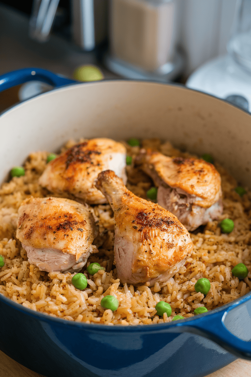 Indoor photo of a Dutch oven filled with golden chicken pieces atop seasoned rice, peas scattered throughout; no text or logos.