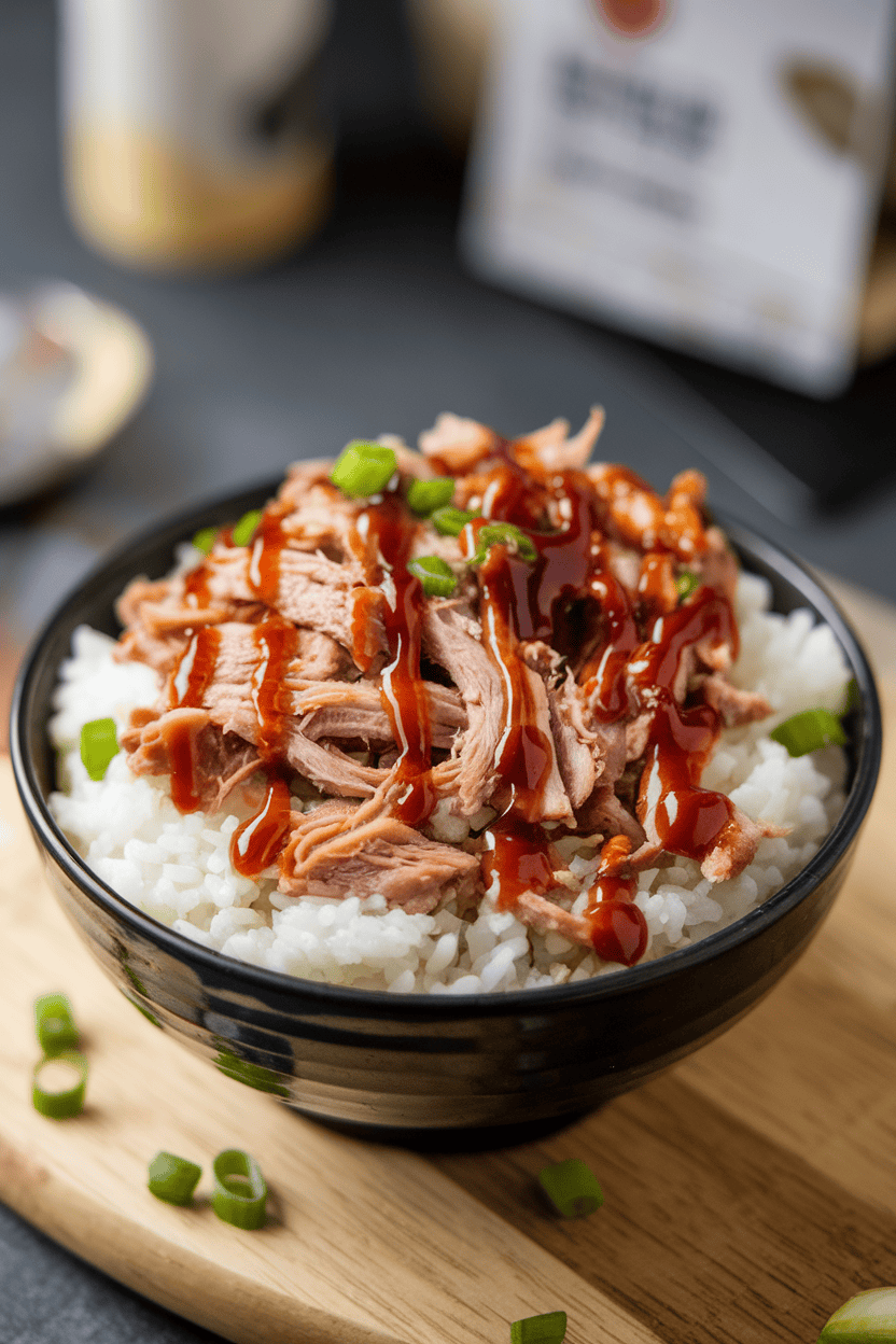 Photo of a bowl filled with fluffy rice topped with tender pulled pork and a drizzle of barbecue sauce indoors, no text or logos