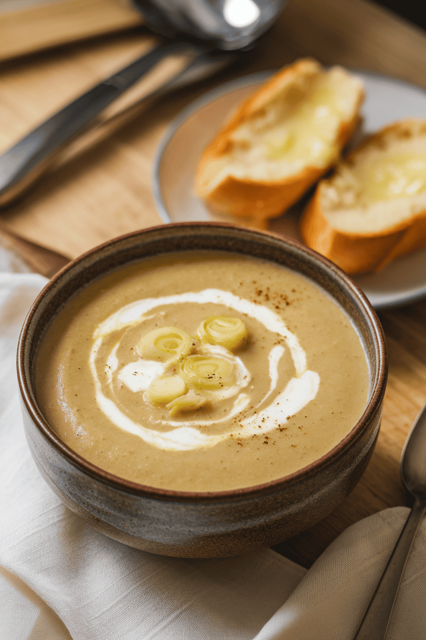 Indoor photo of a creamy bowl of potato leek soup, swirl of cream on top, with a side plate of buttered bread; no text or logos.