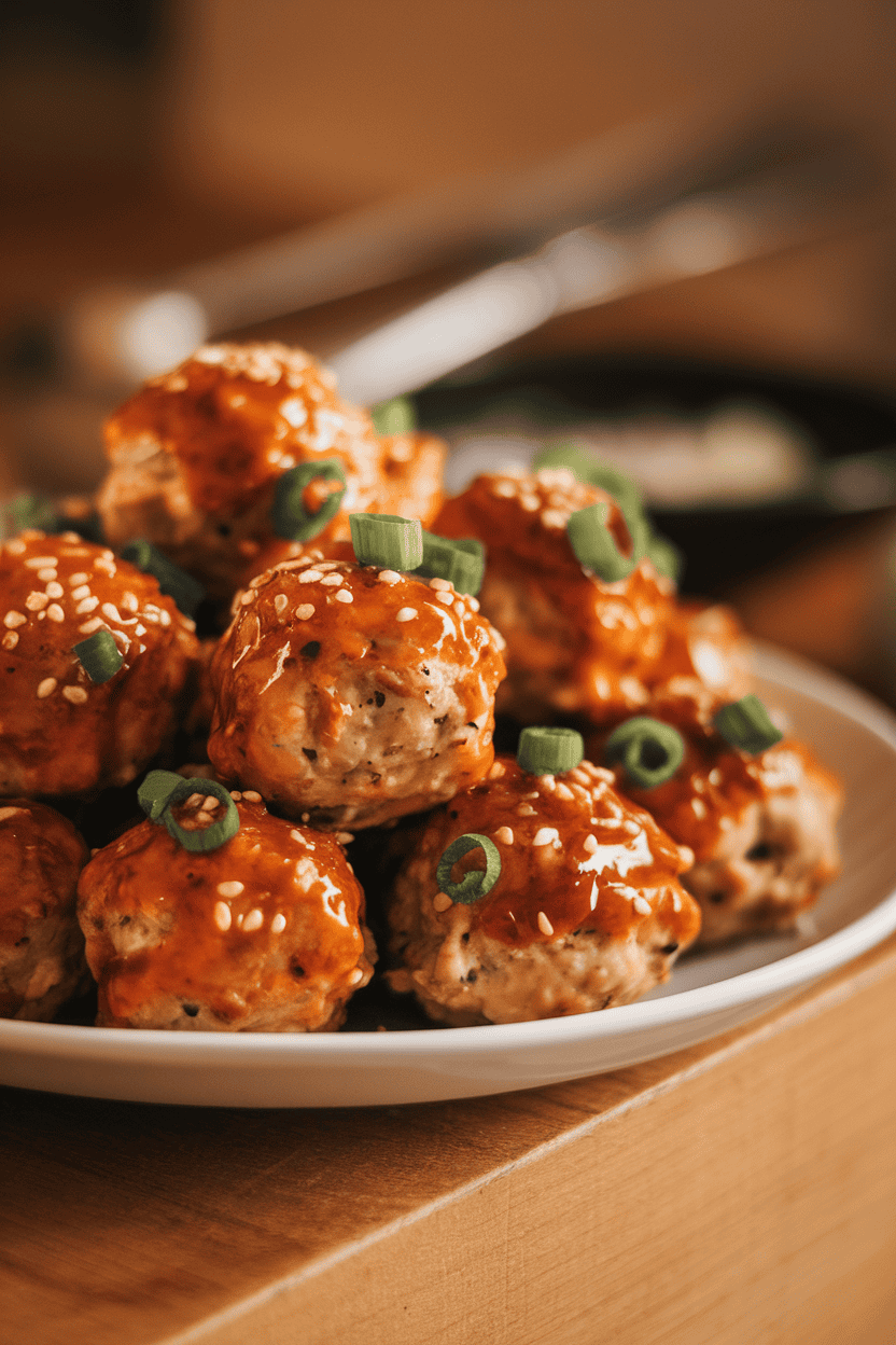 Photo of glazed chicken meatballs sprinkled with sesame seeds and scallions on a white plate; indoor warm light; no logos or text.