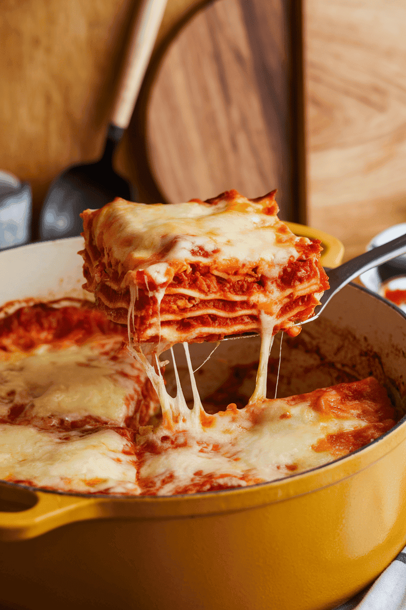 An indoor camp-style kitchen scene showing a Dutch oven with a slice of bubbly lasagna lifted by a spatula, cheese stretching enticingly—photo, no text or logos.