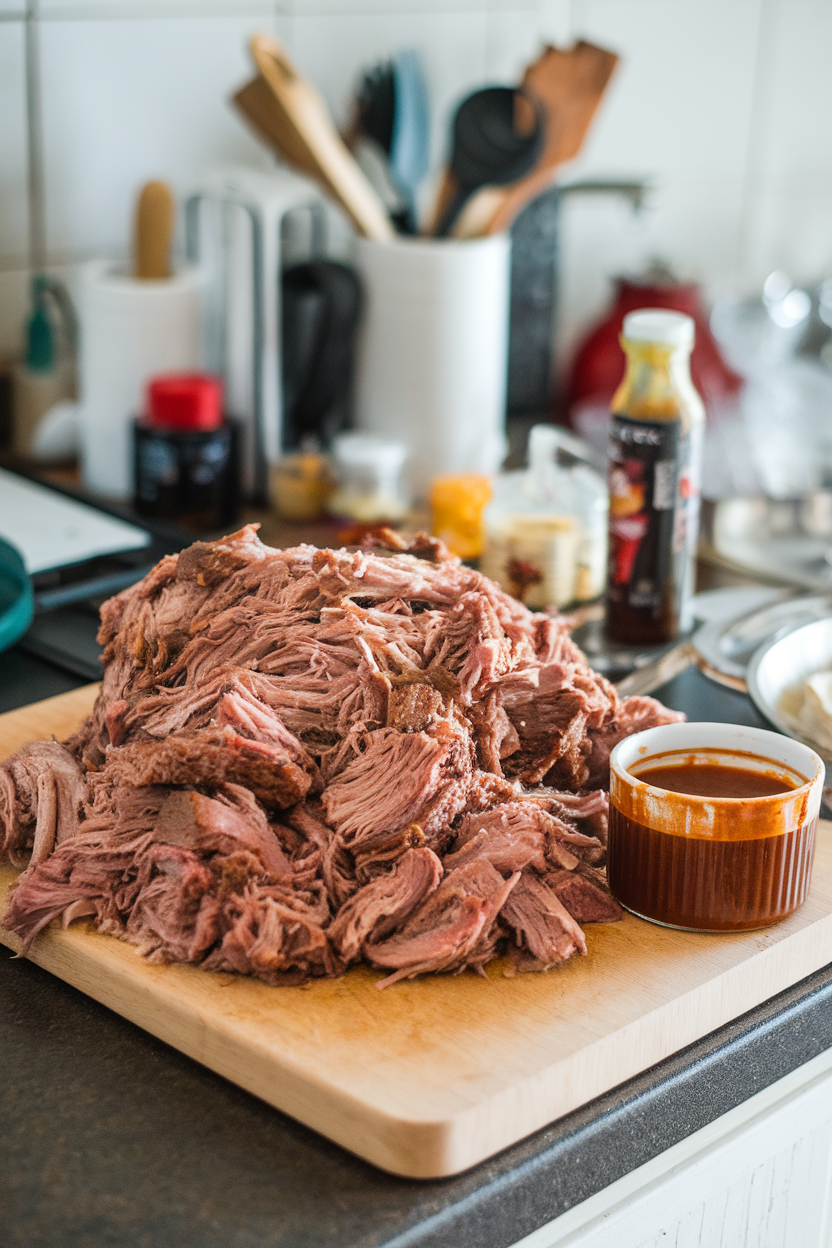 An indoor kitchen island featuring a cutting board piled with shredded cooked pork shoulder, a ramekin of barbecue sauce beside it. No text or logos visible.