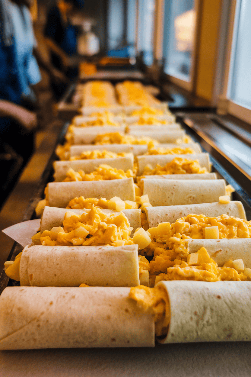 An indoor assembly line with flour tortillas being filled with scrambled eggs, cheese, and diced potatoes, ready to be rolled. No logos or text; photo only.