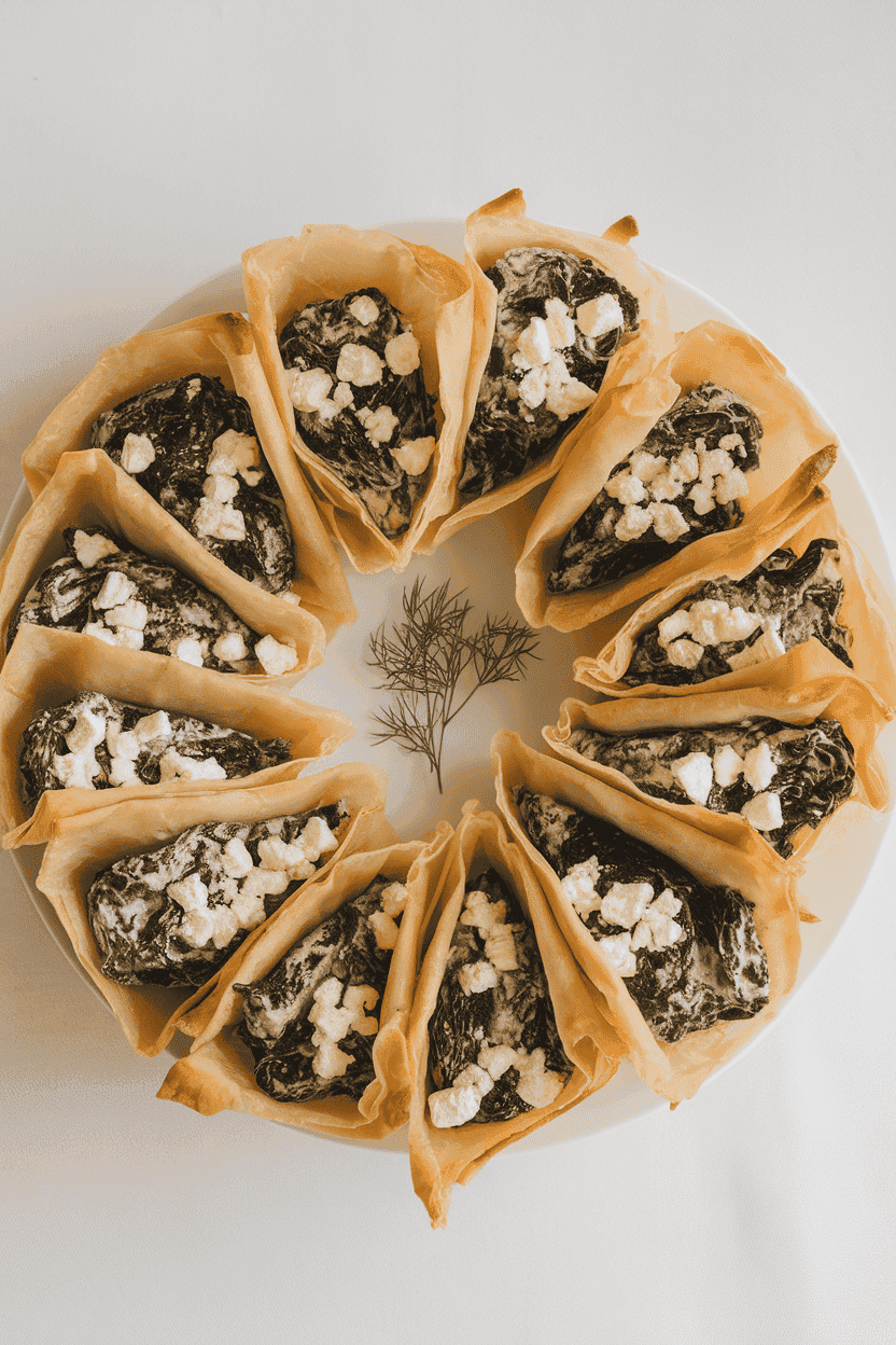 Indoor photo of flaky phyllo triangles revealing spinach and feta filling, arranged on a white platter with a sprig of dill. Overhead angle, no text or logos.