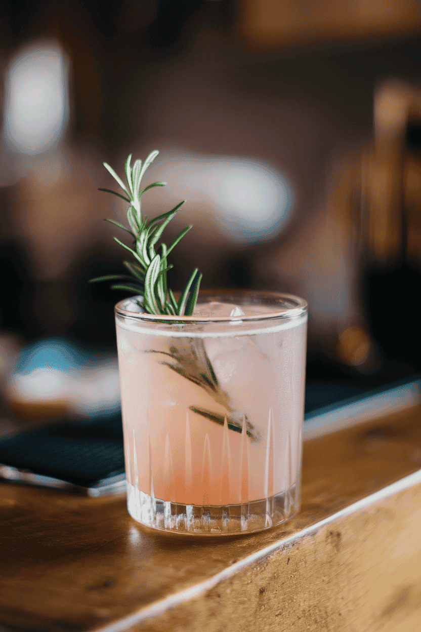 Photo, indoors, short rocks glass of pale pink greyhound, rosemary sprig garnish standing tall. No text or logos.
