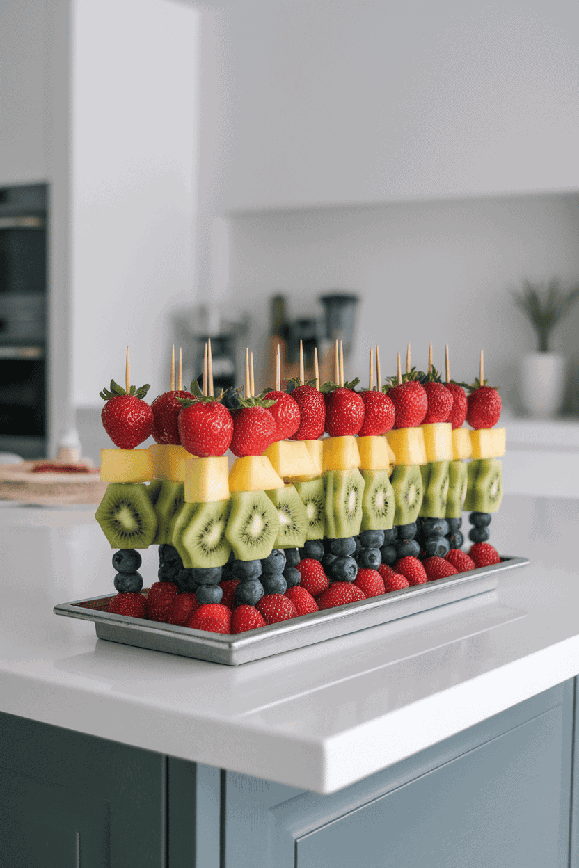 An indoor kitchen island with rainbow fruit kebabs—strawberries, pineapple, kiwi, and blueberries—lined up on a rectangular serving tray. No text or logos visible. Photo, not illustration.