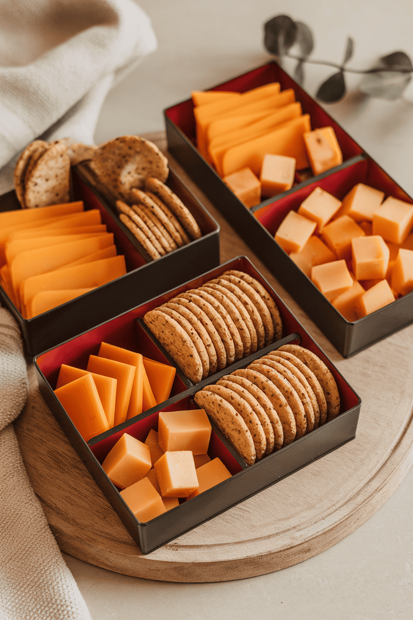 Indoor photo of divided bento boxes containing sliced cheddar, gouda cubes, and whole-grain crackers. Neutral background, no text or logos.