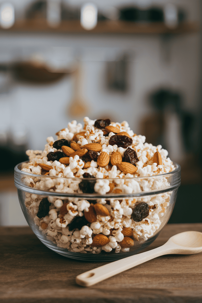 An indoor mixing bowl filled with a blend of air-popped popcorn, roasted almonds, and dried cherries, a wooden spoon resting alongside. No text or logos anywhere. Photo, not illustration.