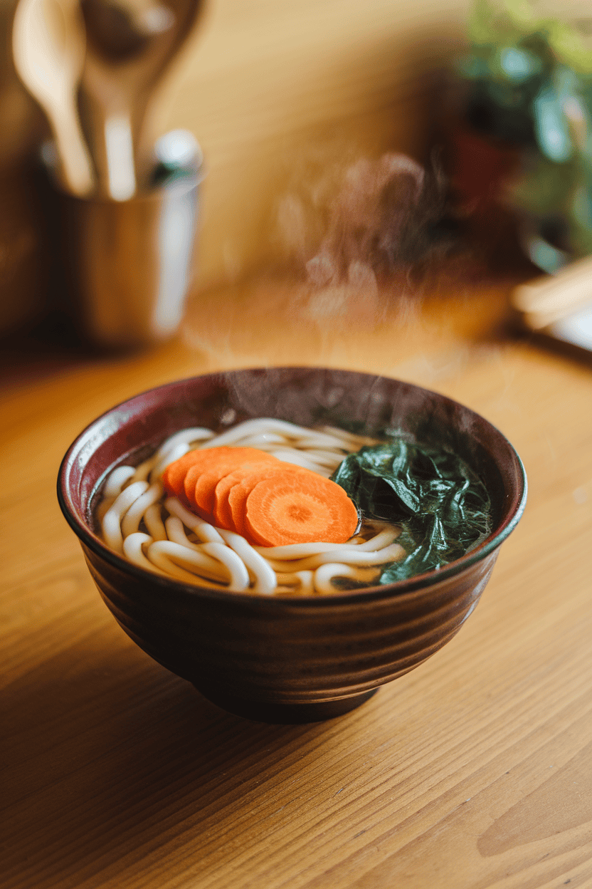Photo of a steaming bowl of udon noodles with sliced carrots and spinach in broth, shot indoors; no text or logos present.