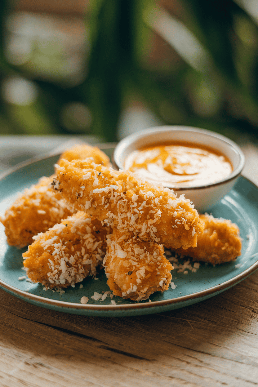 A softly lit indoor plate piled with golden cooked chicken tenders coated in shredded coconut, small bowl of mango dipping sauce beside. No logos.