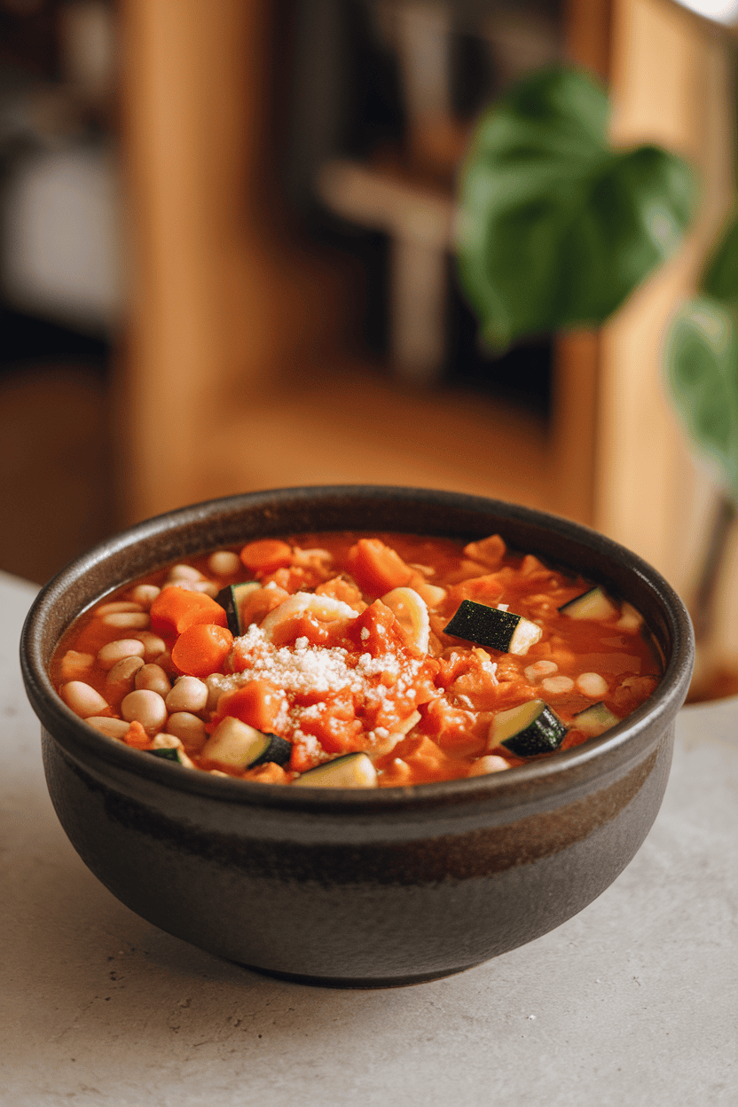 A deep ceramic bowl on an indoor countertop brimming with vegetable-packed minestrone—visible beans, diced carrots, zucchini, and tiny pasta shapes in a tomato broth. A sprinkle of Parmesan sits on top. No text or logos. Photo, not illustration.