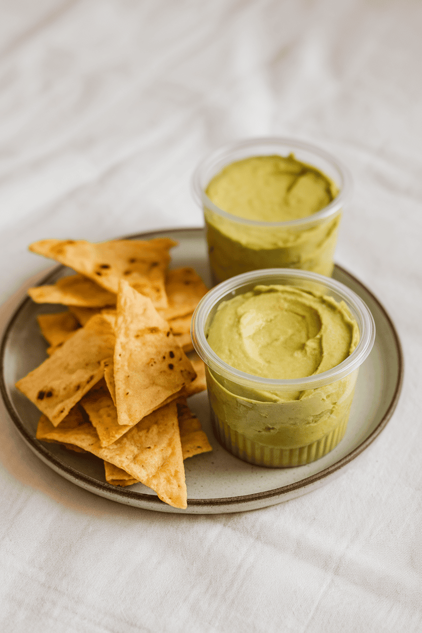 An indoor setting featuring sealed single-serve avocado mash cups beside a small pile of baked tortilla strips on a plate, no text or logos, photograph.