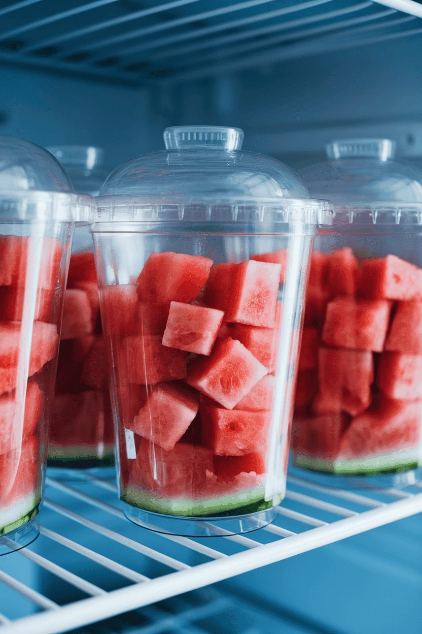 An indoor fridge shelf holding clear plastic cups brimming with bright watermelon cubes, lids snapped securely. No text or logos visible. Photo, not illustration.