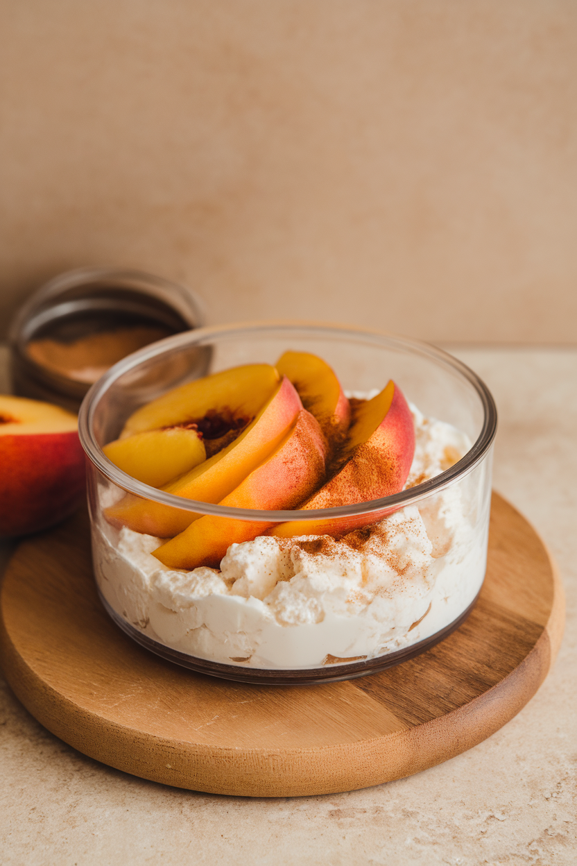Indoor tabletop photo of a clear compartment filled with cottage cheese, topped with sliced peaches, next to a sprinkle-cup of cinnamon. No text, no logos.